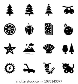 Solid vector icon set - christmas tree vector, rowanberry, lemon slice, sweet pepper, breads, moon flag, starfish, mountains, shell, forest, sun power, lawn mower, toy caterpillar, cat