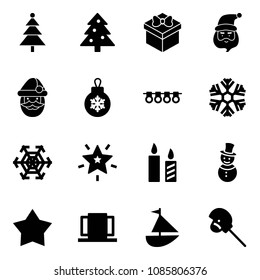 Solid vector icon set - christmas tree vector, gift, santa claus, ball, garland, snowflake, star, candle, snowman, medal, doors, sailboat toy, horse stick