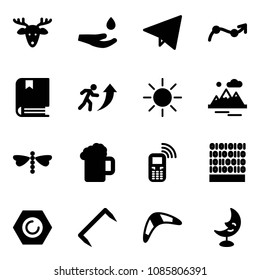Solid vector icon set - christmas deer vector, drop hand, paper fly, chart point arrow, book, career, sun, mountains, dragonfly, beer, mobile phone, binary code, nut, staple, boomerang, moon lamp