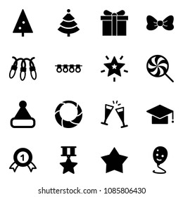 Solid vector icon set - christmas tree vector, gift, bow, garland, star, lollipop, hat, wreath, wine glasses, graduate, gold medal, balloon smile