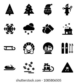 Solid vector icon set - christmas tree vector, santa claus, snowflake, snowfall, gloves, house, sleigh, wreath, snowball, ski, snowmobile, sale, gift, slippery road sign