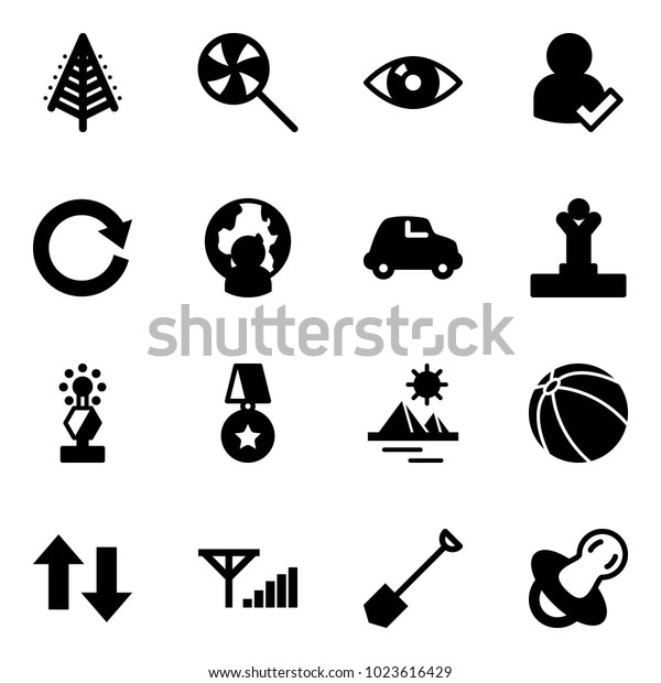 Solid vector\
icon set - christmas tree vector, lollipop, eye, user check,\
reload, man globe, car, winner, award, star medal, pyramid, ball,\
up down arrows, fine signal, shovel,\
soother