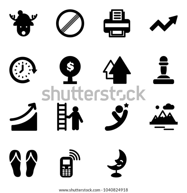 Solid vector icon set - christmas deer hat vector,\
no limit road sign, printer, growth arrow, clock around, money\
tree, up, pawn, rise, opportunity, flying man, mountains, flip\
flops, mobile phone