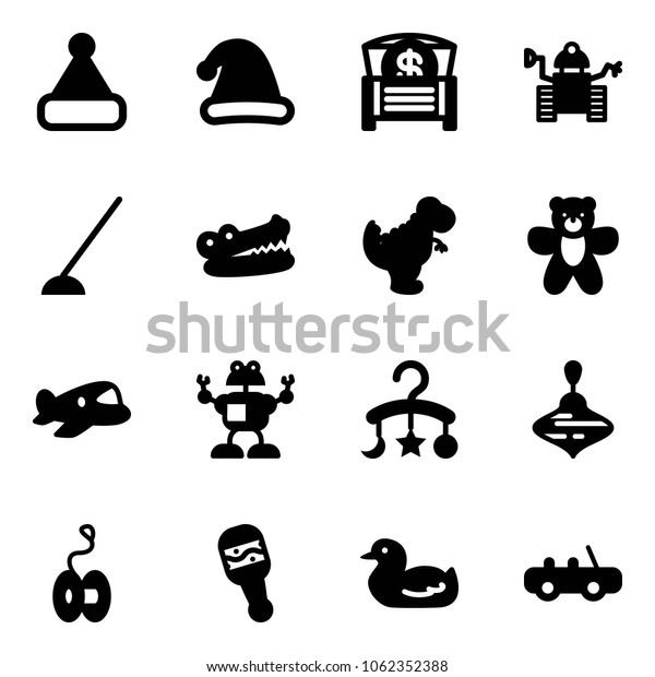 Solid vector icon set -\
christmas hat vector, money chest, robot, hoe, crocodile, dinosaur\
toy, bear, plane, baby carousel, wirligig, yoyo, beanbag, duck,\
car