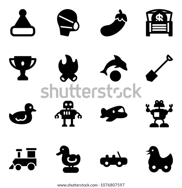 Solid vector icon set - christmas hat\
vector, medical mask, eggplant, money chest, gold cup, fire,\
dolphin, shovel, duck toy, robot, plane, train,\
car