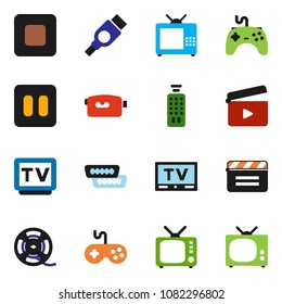 solid vector icon set - cinema clap vector, film spool, tv, gamepad, video camera, remote control, pause button, stop, hdmi