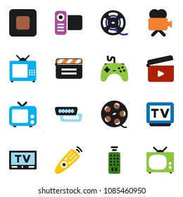 solid vector icon set - cinema clap vector, film spool, tv, gamepad, video camera, remote control, stop button, hdmi