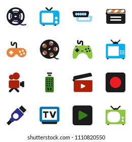 solid vector icon set - cinema clap vector, film spool, tv, gamepad, video camera, remote control, play button, rec, hdmi