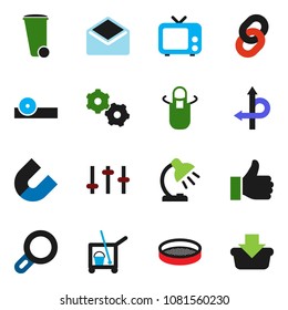 solid vector icon set - cleaner trolley vector, trash bin, apron, sieve, table lamp, magnet, route, tv, settings, finger up, mail, eye doctor hat, gear, chain, magnifier, basket