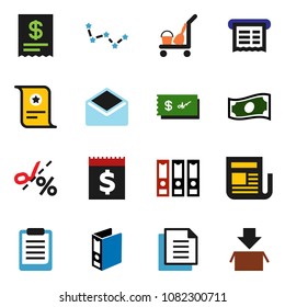 solid vector icon set - cleaner trolley vector, clipboard, certificate, constellation, cash, binder, receipt, document, newspaper, mail, check, coupon, package