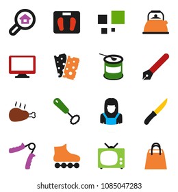 solid vector icon set - cleaner woman vector, kettle, whisk, knife, chicken leg, pen, scales, hand trainer, roller Skates, sports nutrition, breads, monitor, loading, search estate, tv, shopping bag