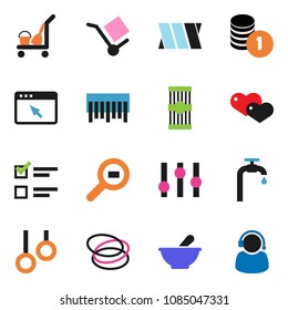 solid vector icon set - cleaner trolley vector, pasta, exam, coin stack, hoop, gymnast rings, cargo, search, barcode, settings, heart, mortar, bandage, browser, water supply, support