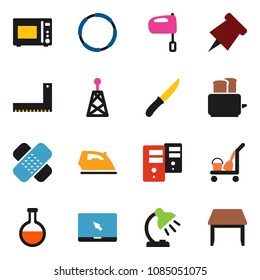 solid vector icon set - cleaner trolley vector, iron, knife, mixer, toaster, microwave oven, corner ruler, table lamp, paper pin, hoop, antenna, notebook pc, flask, patch, server