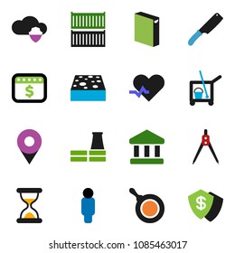 solid vector icon set - cleaner trolley vector, sponge, washing powder, pan, knife, drawing compass, bank, man, dollar calendar, sea container, heart pulse, sand clock, cloud shield, pin, factory