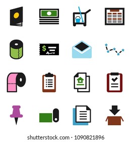 solid vector icon set - cleaner trolley vector, toilet paper, schedule, constellation, cash, check, clipboard, fitness mat, document, thumbtack, mail, estate, shopping list, catalog, package