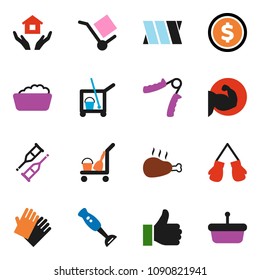 solid vector icon set - cleaner trolley vector, foam basin, rubber glove, house hold, blender, chicken leg, dollar coin, hand trainer, muscle, boxing, cargo, finger up, crutches, bandage, basket