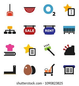 solid vector icon set - cleaner trolley vector, vacuum, scoop, colander, cookbook, egg, corner ruler, hierarchy, oxygen, barcode, favorites, sale signboard, rent, cashbox, receipt