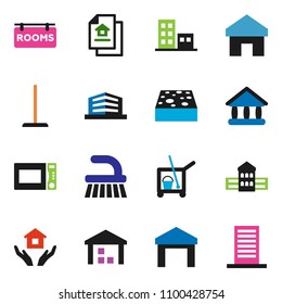 solid vector icon set - cleaner trolley vector, fetlock, mop, sponge, house hold, microwave oven, school building, university, warehouse, home, estate document, rooms signboard, apartments, office