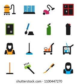 solid vector icon set - cleaner trolley vector, vacuum, mop, car fetlock, window cleaning, toilet brush, agent, shining, woman