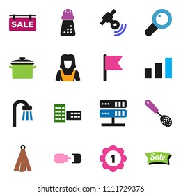 solid vector icon set - cleaner woman vector, pan, towel, skimmer, hand mill, school building, flag, medal, sorting, satellitie, magnifier, network server, connection, sale signboard, bath