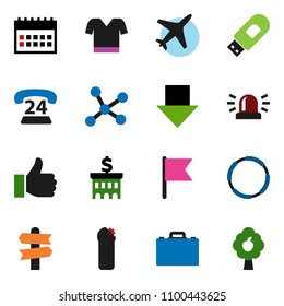 solid vector icon set - cleaning agent vector, case, flag, bank building, arrow down, calendar, t shirt, hoop, signpost, plane, phone 24, finger up, network, usb modem, siren, fruit tree