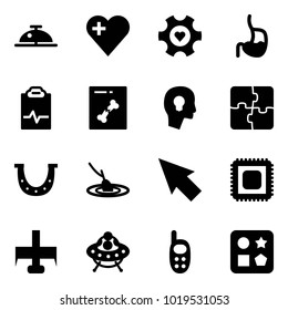 Solid vector icon set - client bell vector, heart, gear, stomach, pulse clipboard, x ray, head bulb, puzzle, luck, fishing, cursor, cpu, milling cutter, ufo toy, phone, cube hole