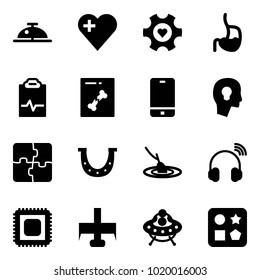 Solid vector icon set - client bell vector, heart, gear, stomach, pulse clipboard, x ray, phone, head bulb, puzzle, luck, fishing, wireless headphones, cpu, milling cutter, ufo toy, cube hole
