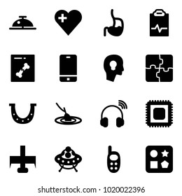 Solid vector icon set - client bell vector, heart, stomach, pulse clipboard, x ray, phone, head bulb, puzzle, luck, fishing, wireless headphones, cpu, milling cutter, ufo toy, cube hole