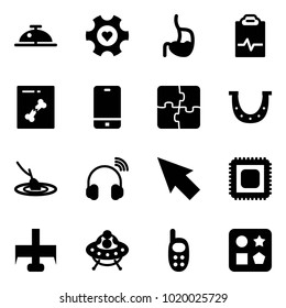 Solid vector icon set - client bell vector, heart gear, stomach, pulse clipboard, x ray, phone, puzzle, luck, fishing, wireless headphones, cursor, cpu, milling cutter, ufo toy, cube hole