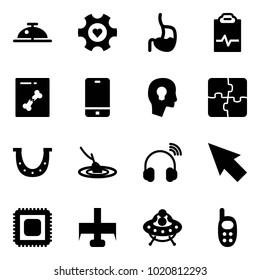 Solid vector icon set - client bell vector, heart gear, stomach, pulse clipboard, x ray, phone, head bulb, puzzle, luck, fishing, wireless headphones, cursor, cpu, milling cutter, ufo toy