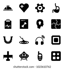 Solid vector icon set - client bell vector, heart, gear, stomach, pulse clipboard, x ray, head bulb, puzzle, luck, fishing, wireless headphones, cpu, milling cutter, ufo toy, phone, cube hole