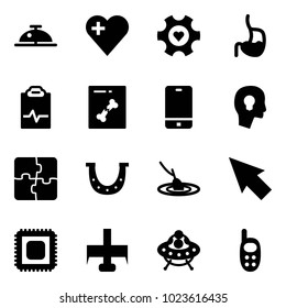 Solid vector icon set - client bell vector, heart, gear, stomach, pulse clipboard, x ray, phone, head bulb, puzzle, luck, fishing, cursor, cpu, milling cutter, ufo toy