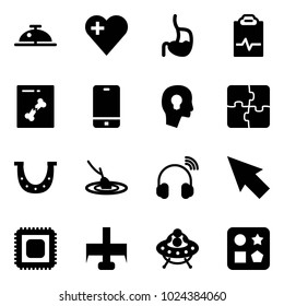 Solid vector icon set - client bell vector, heart, stomach, pulse clipboard, x ray, phone, head bulb, puzzle, luck, fishing, wireless headphones, cursor, cpu, milling cutter, ufo toy, cube hole