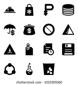 Solid vector icon set - client bell vector, shop bag snowflake, ruble, coin, insurance, purse, prohibition road sign, landslide, pedestrian, attachment, history, save, community, round flask