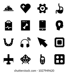 Solid vector icon set - client bell vector, heart, gear, stomach, pulse clipboard, x ray, phone, head bulb, luck, wireless headphones, cursor, cpu, milling cutter, ufo toy, cube hole