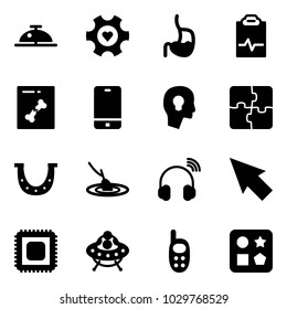 Solid vector icon set - client bell vector, heart gear, stomach, pulse clipboard, x ray, phone, head bulb, puzzle, luck, fishing, wireless headphones, cursor, cpu, ufo toy, cube hole