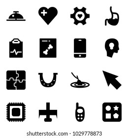 Solid vector icon set - client bell vector, heart, gear, stomach, pulse clipboard, x ray, phone, head bulb, puzzle, luck, fishing, cursor, cpu, milling cutter, toy, cube hole
