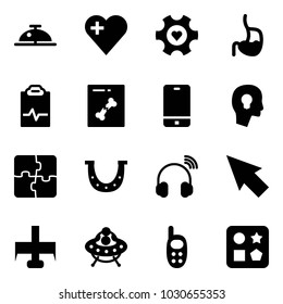 Solid vector icon set - client bell vector, heart, gear, stomach, pulse clipboard, x ray, phone, head bulb, puzzle, luck, wireless headphones, cursor, milling cutter, ufo toy, cube hole