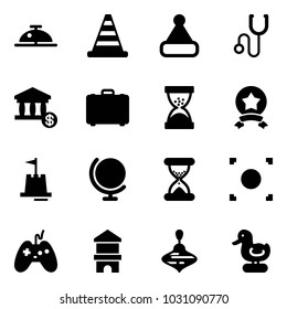 Solid vector icon set - client bell vector, road cone, christmas hat, stethoscope, account, case, sand clock, star medal, castle, globe, record button, joystick, toy block house, wirligig, duck