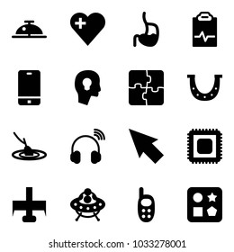 Solid vector icon set - client bell vector, heart, stomach, pulse clipboard, phone, head bulb, puzzle, luck, fishing, wireless headphones, cursor, cpu, milling cutter, ufo toy, cube hole