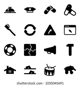 Solid vector icon set - client bell vector, candy, pills, tooth brush, exchange, turn right road sign, cursor browser, lifebuoy, puzzle, speaker horn, work, home, flip flops, drum, elephant wheel