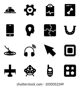 Solid vector icon set - client bell vector, heart gear, pulse clipboard, x ray, phone, head bulb, puzzle, luck, fishing, wireless headphones, cursor, cpu, milling cutter, ufo toy, cube hole