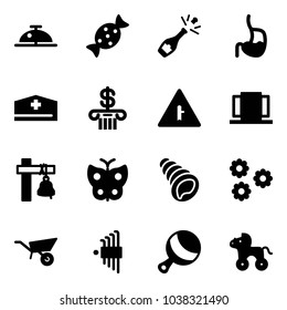 Solid vector icon set - client bell vector, candy, champagne, stomach, doctor hat, bank, intersection road sign, doors, ship, butterfly, shell, flower, wheelbarrow, allen key set, beanbag