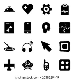 Solid vector icon set - client bell vector, heart, gear, pulse clipboard, x ray, phone, head bulb, puzzle, fishing, wireless headphones, cursor, cpu, milling cutter, ufo toy, cube hole
