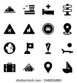 Solid vector icon set - client bell vector, airport building, hospital bed, road signpost sign, abrupt turn right, no car, map pin, globe, flag, pennant, lounger, suitcase, tent, navigation