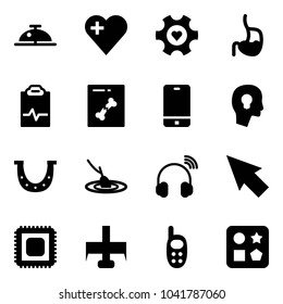 Solid vector icon set - client bell vector, heart, gear, stomach, pulse clipboard, x ray, phone, head bulb, luck, fishing, wireless headphones, cursor, cpu, milling cutter, toy, cube hole