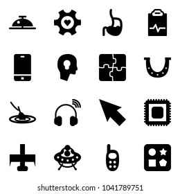 Solid vector icon set - client bell vector, heart gear, stomach, pulse clipboard, phone, head bulb, puzzle, luck, fishing, wireless headphones, cursor, cpu, milling cutter, ufo toy, cube hole