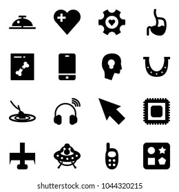 Solid vector icon set - client bell vector, heart, gear, stomach, x ray, phone, head bulb, luck, fishing, wireless headphones, cursor, cpu, milling cutter, ufo toy, cube hole
