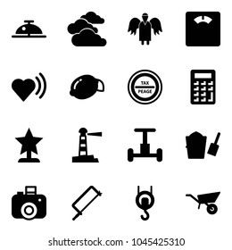 Solid vector icon set - client bell vector, clouds, angel, floor scales, heart beat, lemon, tax peage road sign, calculator, award, lighthouse, gyroscope, bucket scoop, camera, metal hacksaw, winch