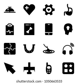 Solid vector icon set - client bell vector, heart, gear, stomach, pulse clipboard, x ray, phone, head bulb, puzzle, luck, fishing, wireless headphones, cursor, milling cutter, toy, cube hole
